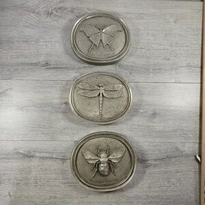 3 Oval Wall Plaques Butterfly Dragonfly Bee Entomology Insect Pewter Color Decor